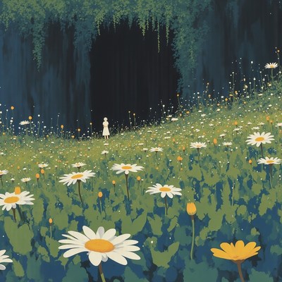 Girl walks through a field of daisies at twilight