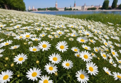 Bright daisies bloom by the river on a sunny day