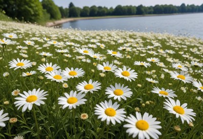Bright daisies blooming by a serene lake in springtime