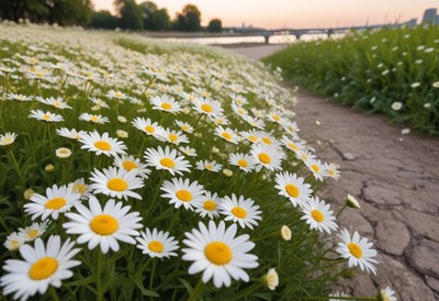Bright daisies bloom beside a riverbank at sunset