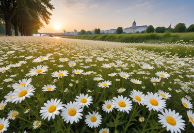 Daisies bloom by river during sunrise in the city