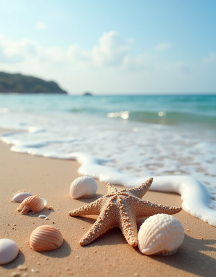Starfish and Seashells on Beach