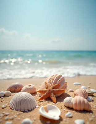 Seashells and Starfish on Beach Sand