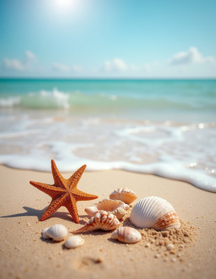 Starfish and Seashells on Beach