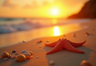 Starfish on beach at sunset