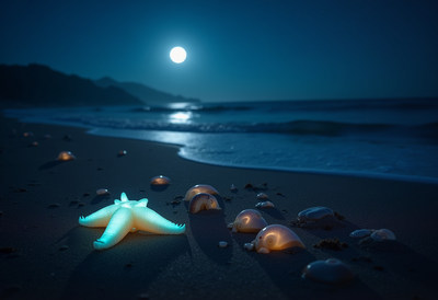 Glowing Starfish and Shells on Beach