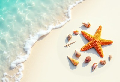 Starfish and Seashells on Beach