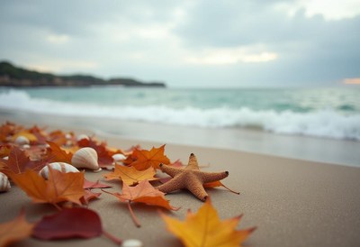 Starfish and Autumn Leaves on Beach