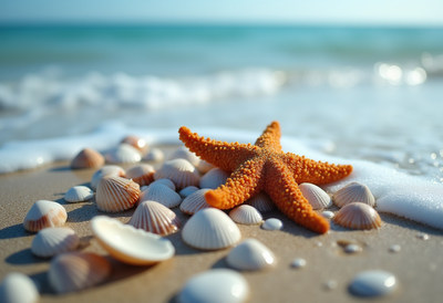 Orange Starfish with Seashells on Beach