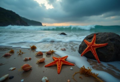 Starfish on Beach with Waves