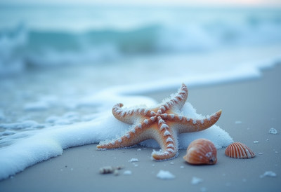 Orange Starfish on Beach with Shells