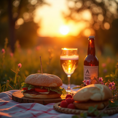 Picnic Burger Beer Sunset Meadow