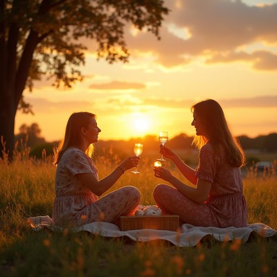 Two women toasting champagne at sunset