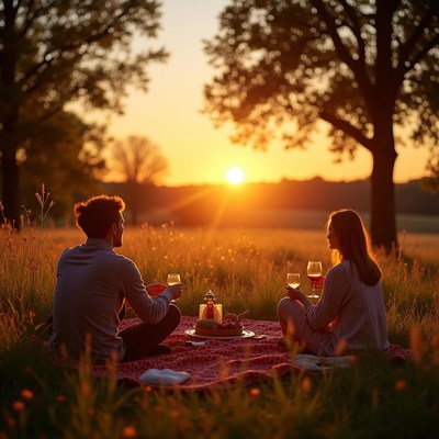 Couple enjoying picnic at sunset