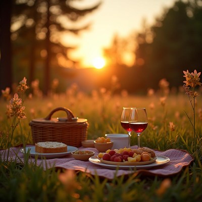Picnic Basket with Wine Sunset Meadow