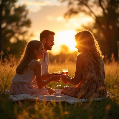 Family toasting wine glasses at sunset