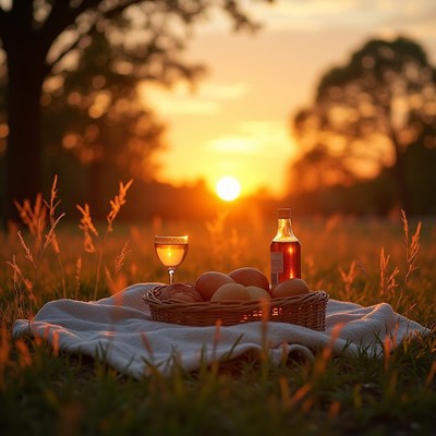 Picnic Basket with Wine Sunset