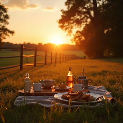 Picnic with Tea and Pastries at Sunset