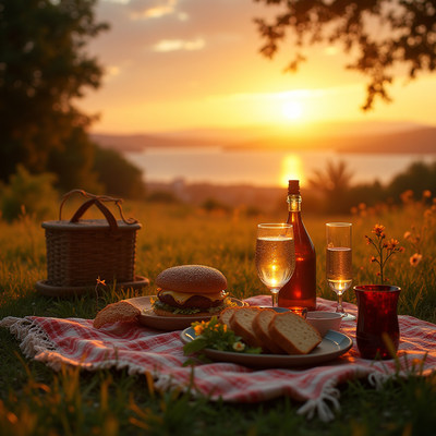Picnic with burgers at sunset