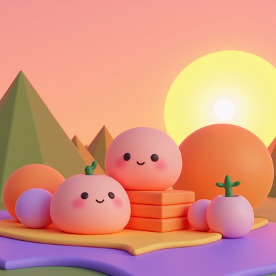 Cute 3D Kawaii Fruits Sunset Landscape