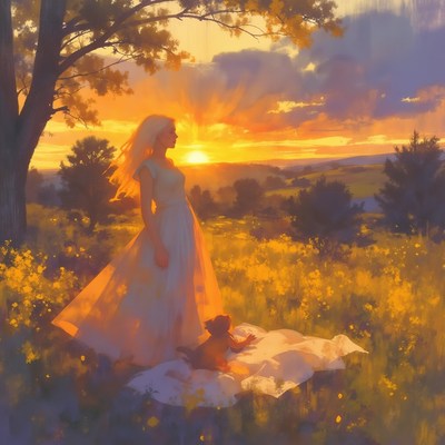 Woman with puppy watching sunset in flower field
