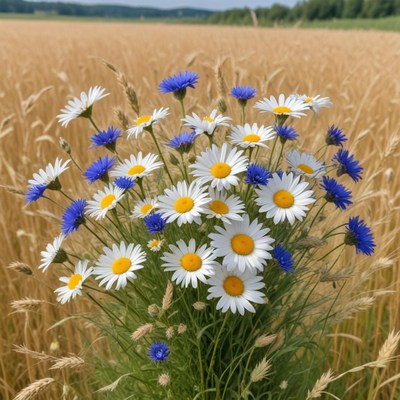 Beautiful wildflowers in a golden wheat field