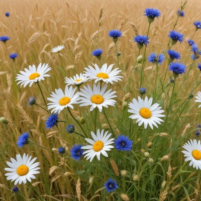 Wildflowers bloom in golden wheat fields during summer