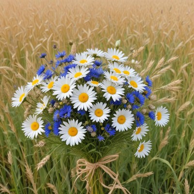 Bright bouquet of daisies and cornflowers in a field