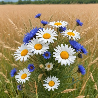 Bright wildflowers bloom in a serene golden field