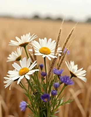 Wildflowers bloom in a golden wheat field during summer