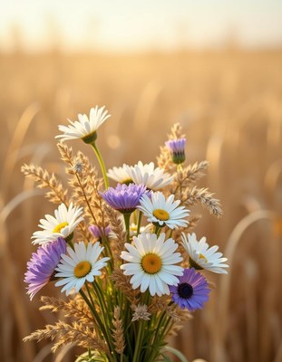 Beautiful wildflower bouquet in golden field at sunset