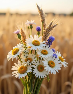 Bouquet of wildflowers in golden wheat field