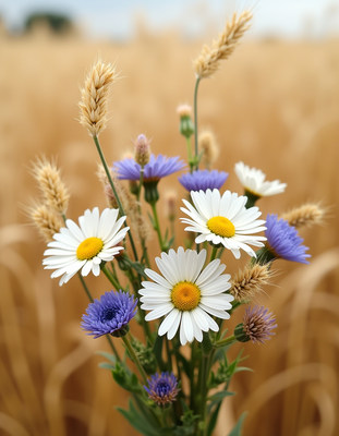 Beautiful wildflowers blooming among golden wheat field