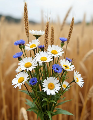 Yellow and white flowers bloom in golden wheat field