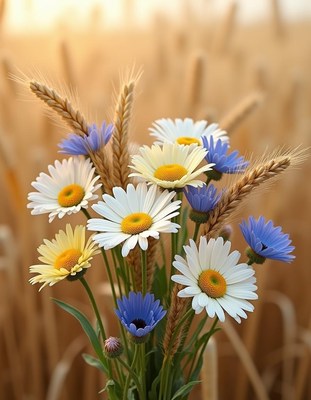 Wildflowers and wheat in a golden field at sunset