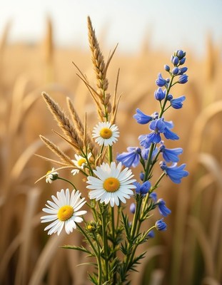 Beautiful wildflowers and wheat field during sunset