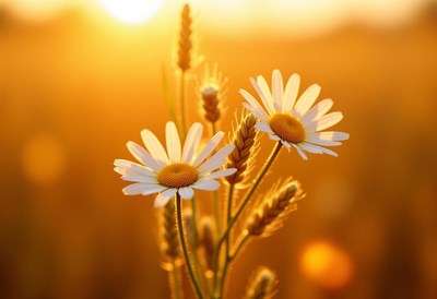 Beautiful daisies in golden sunlight at sunset