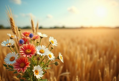 Colorful flowers in a golden wheat field at sunset
