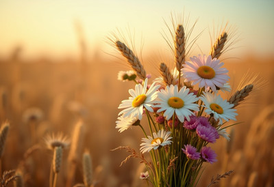 Wildflower bouquet amidst golden wheat field sunset