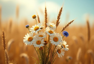 Wildflowers and wheat in a sunny field landscape