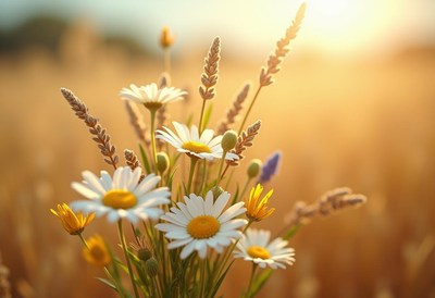 Beautiful wildflowers bloom in a golden field at sunset