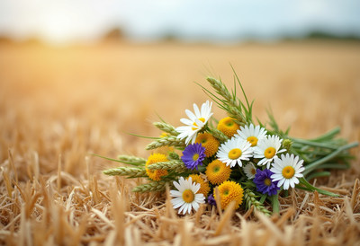 Beautiful wildflowers arranged on golden wheat field