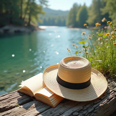 Relaxing by the serene lake with a book and hat