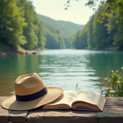 Relaxing by the river with a book and hat