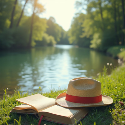 Relaxing by the river with a book and a hat