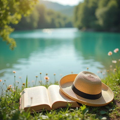Relaxing by the river with a book and a straw hat
