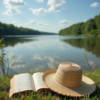 Relaxing by the calm lake with a book and a hat