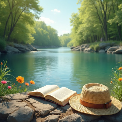 Relaxing by a serene river with a book and hat