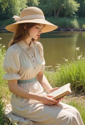 Woman reading by the riverside in summer sunlight