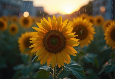 Sunflowers thrive under gentle rain at sunset